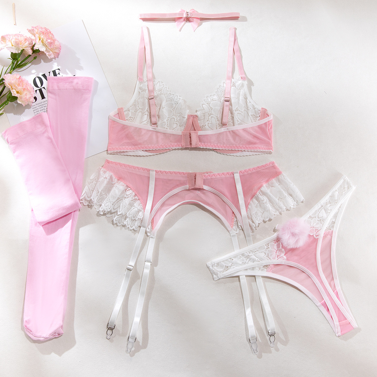 Sexy Lace Bra And Mesh Patchwork Nurse Outfit Lingerie Set