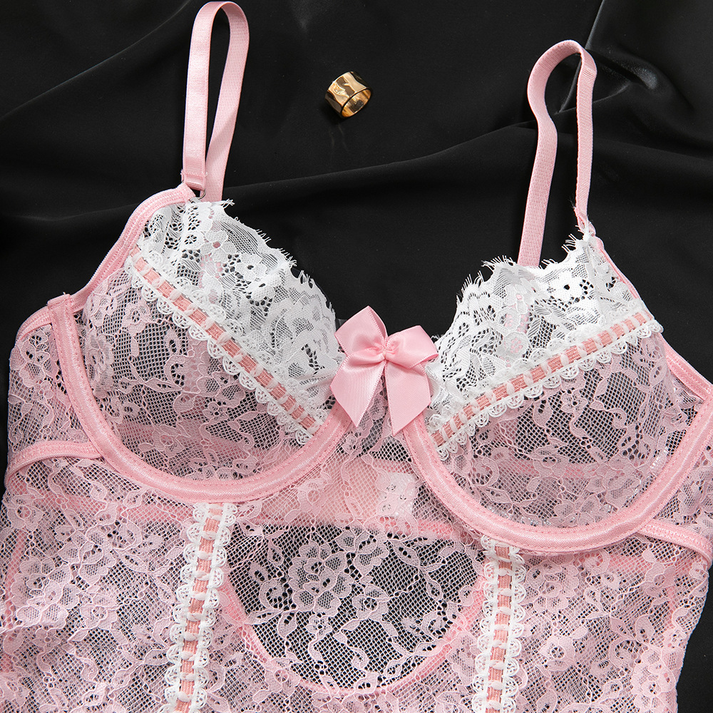 Pink Contrast Stitching Lace Bodysuit – Sexy Garter & Stockings Set