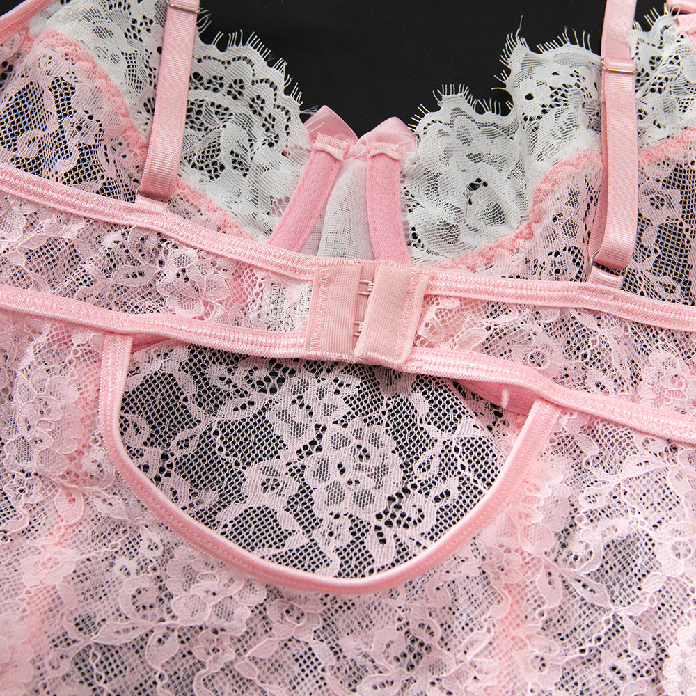 Pink Contrast Stitching Lace Bodysuit – Sexy Garter & Stockings Set