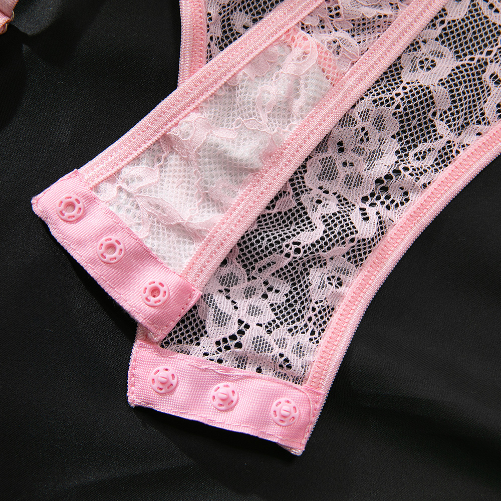 Pink Contrast Stitching Lace Bodysuit – Sexy Garter & Stockings Set