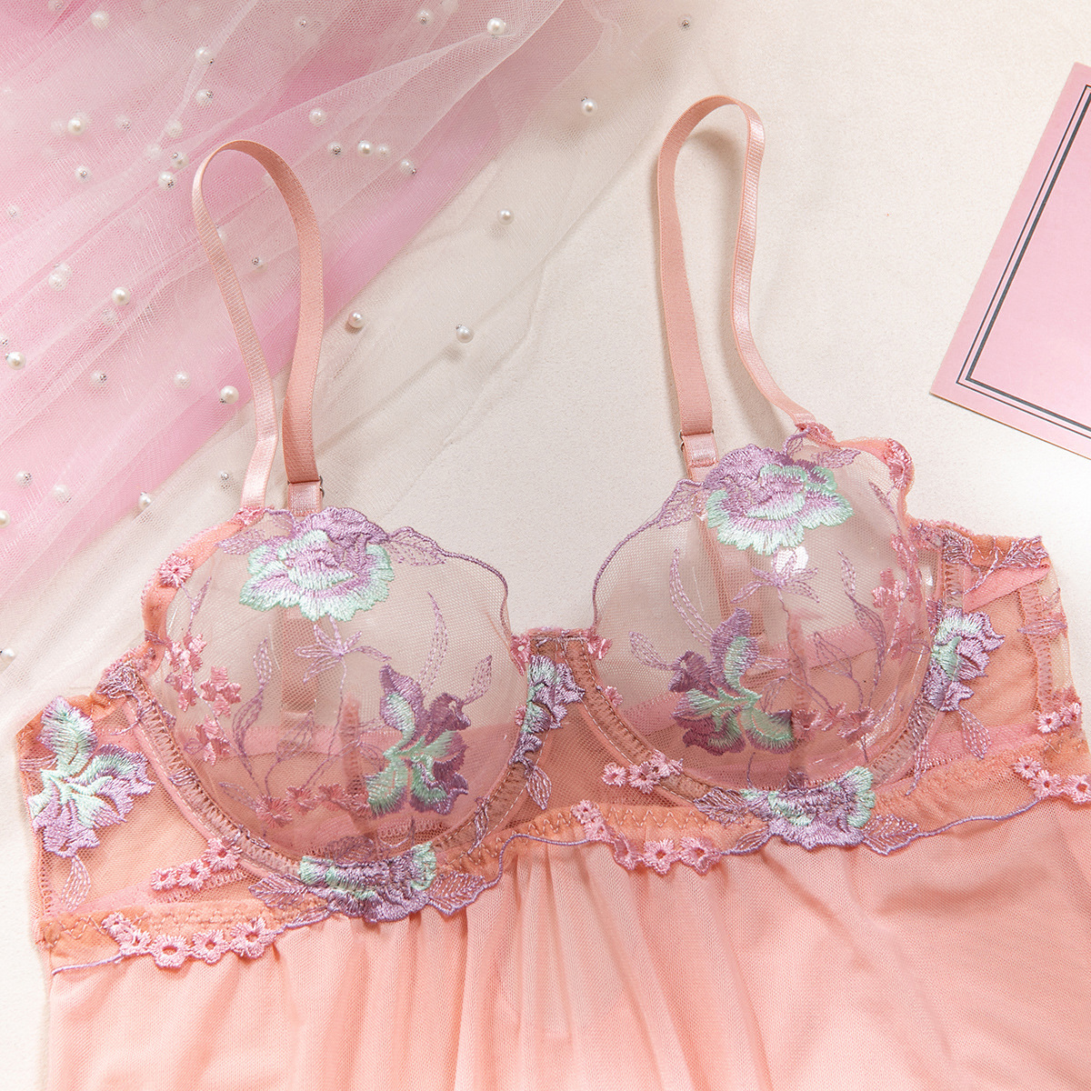 Pink Embroidered Suspender Nightgown – Thin & Breathable Summer Sexy Set