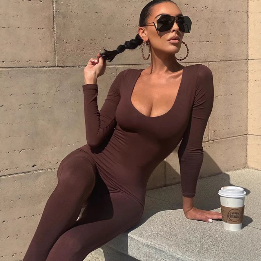 Sexy Hotties Design Irregular Low-cut Sexy Long-sleeved Temperament Tops Fashionable Solid Color Jumpsuits