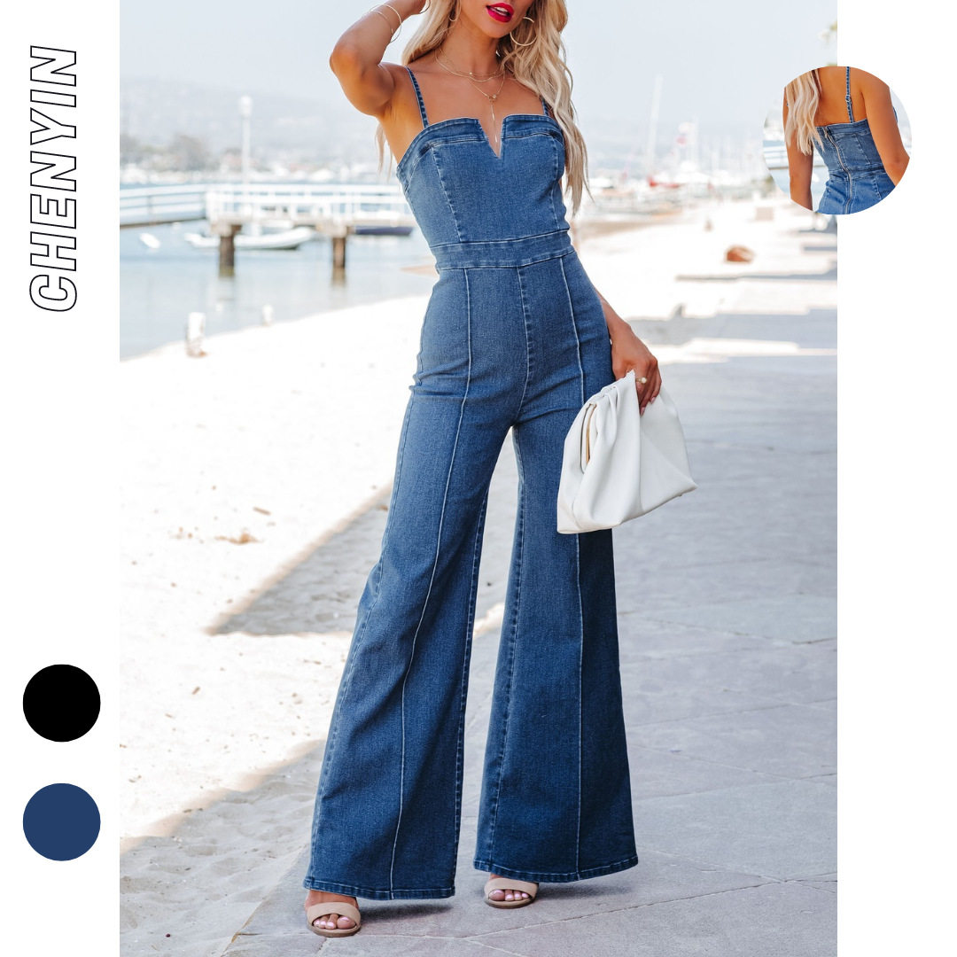 Ladies Summer Jumpsuit Cotton Water Washing Blue Denim Tights Tight Micro high Bombs