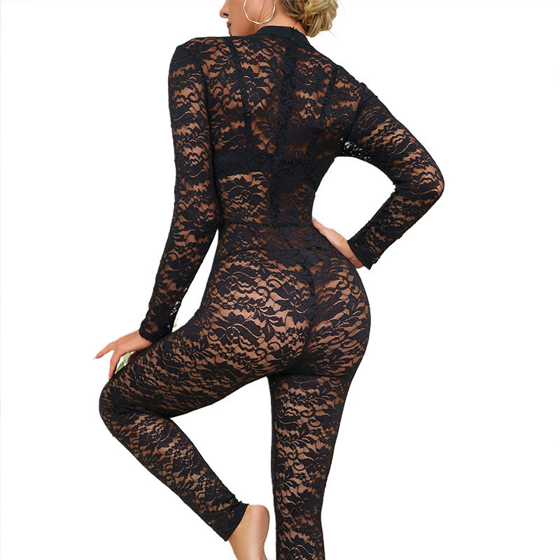 Summer New Black Lace Jacquard Jumpsuit – See-Through, Hollow, Long Sleeve, Slim Fit