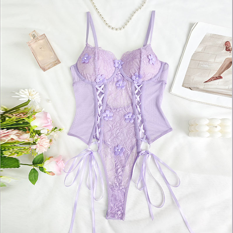 Purple Lace See-Through Bodysuit – Embroidered Strap Body Shaper Corset