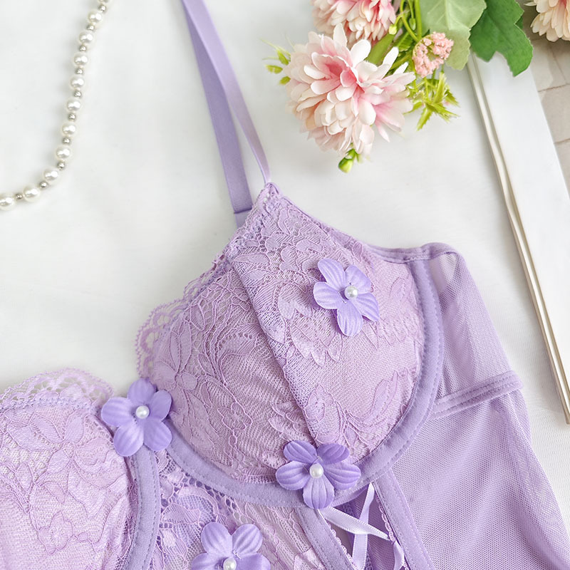 Purple Lace See-Through Bodysuit – Embroidered Strap Body Shaper Corset