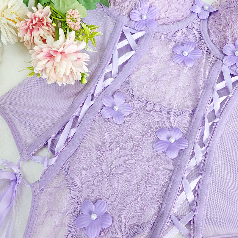 Purple Lace See-Through Bodysuit – Embroidered Strap Body Shaper Corset