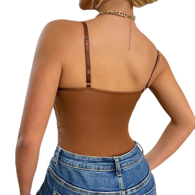 Lace Splicing Underwired One-Piece Top – See-Through, Hollow, Inner Suspender