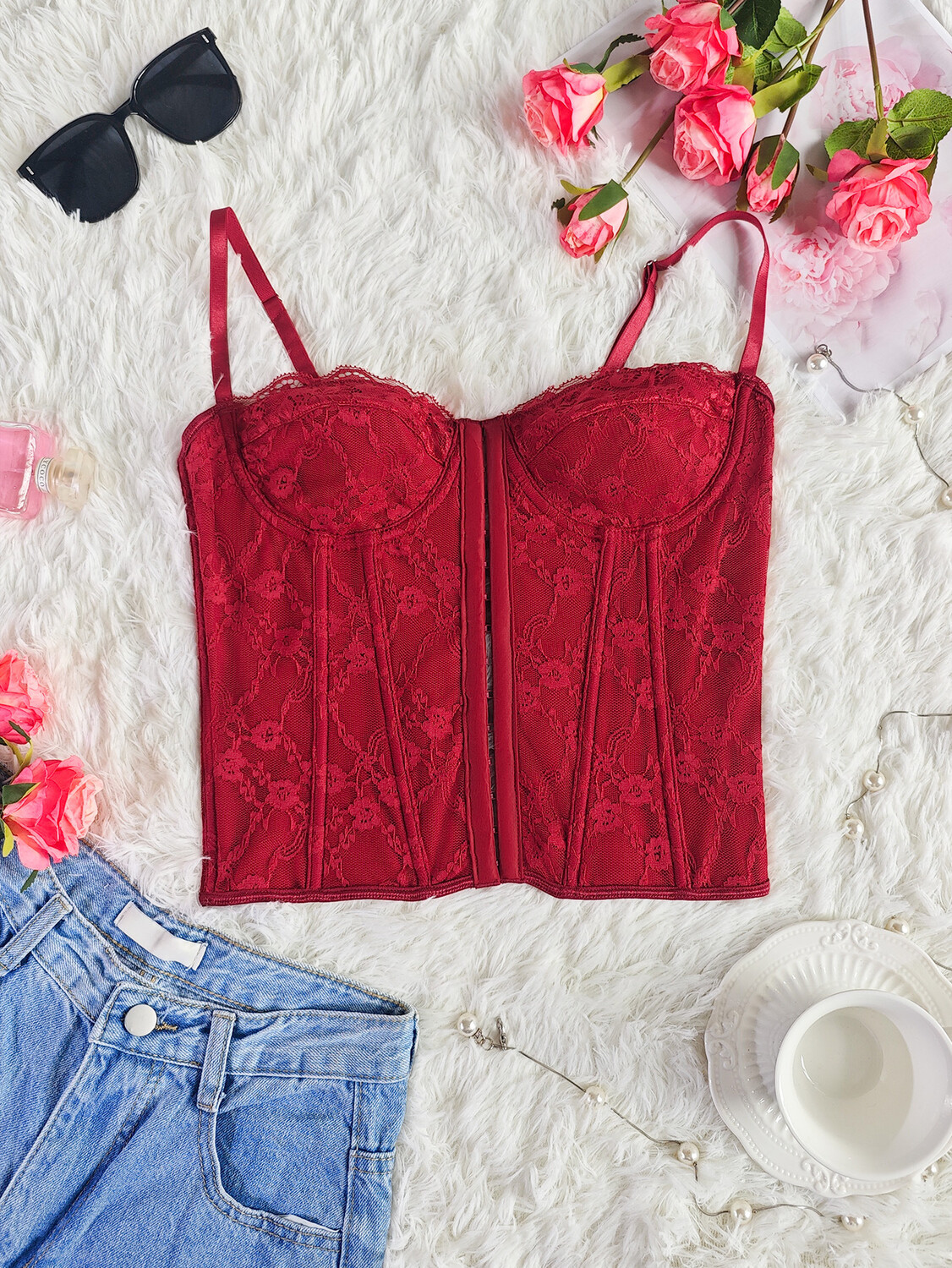 Women's Fish Bone Steel Ring Breast Shaping Small Vest Style Sexy Solid Color Lace Sling