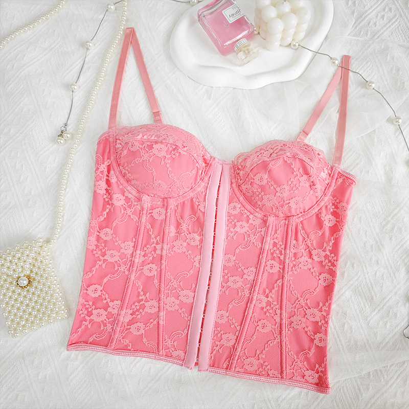 Women's Fish Bone Steel Ring Breast Shaping Small Vest Style Sexy Solid Color Lace Sling