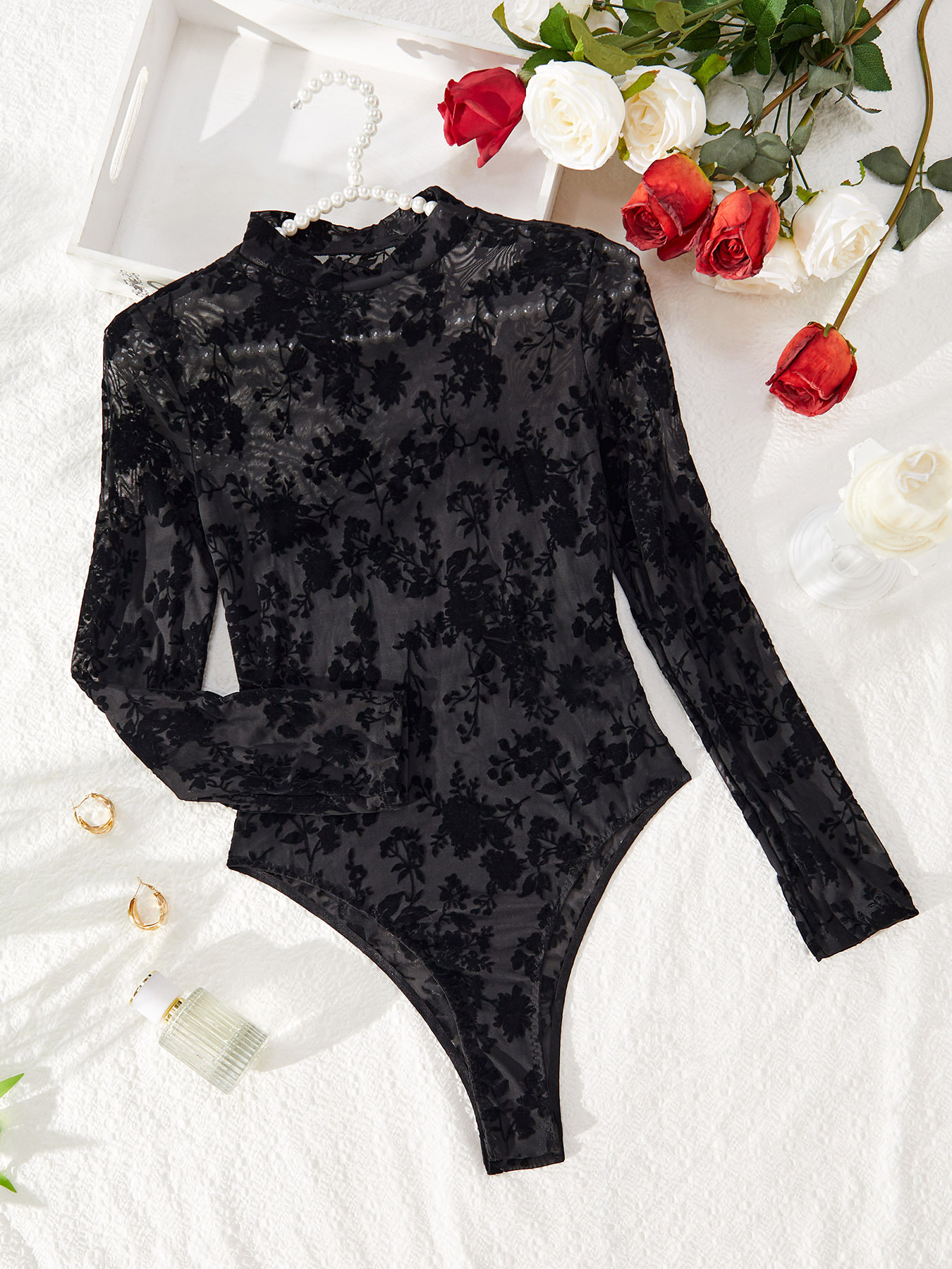 Mesh Flocking One-Piece Bodysuit – Hollow, Transparent, Temptation Pure Desire