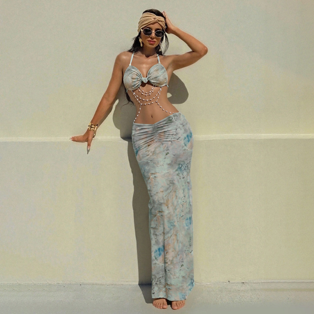 Halterneck Lace Up Bead Chain Backless Dress Slim Sexy Hottie Style