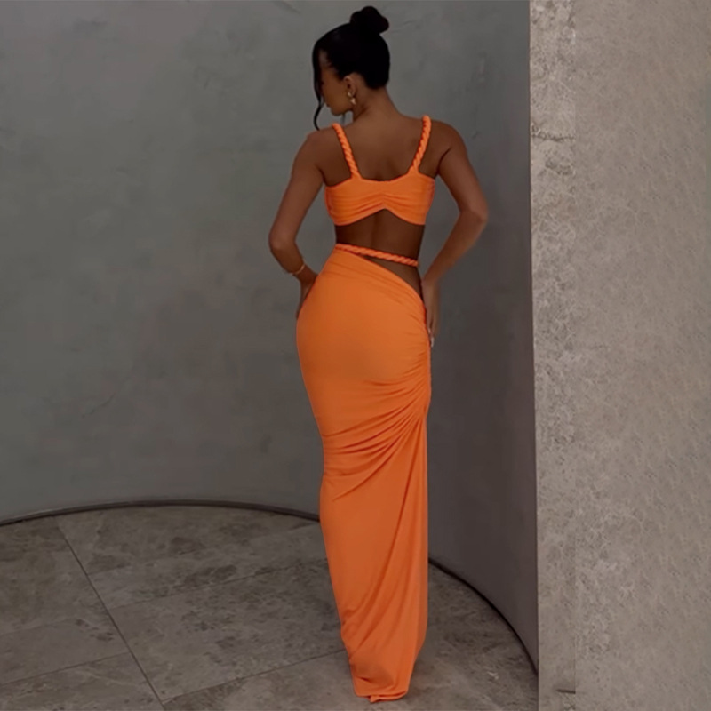 Spring New Pure Color Backless Suspender Vest & Hip Skirt Set