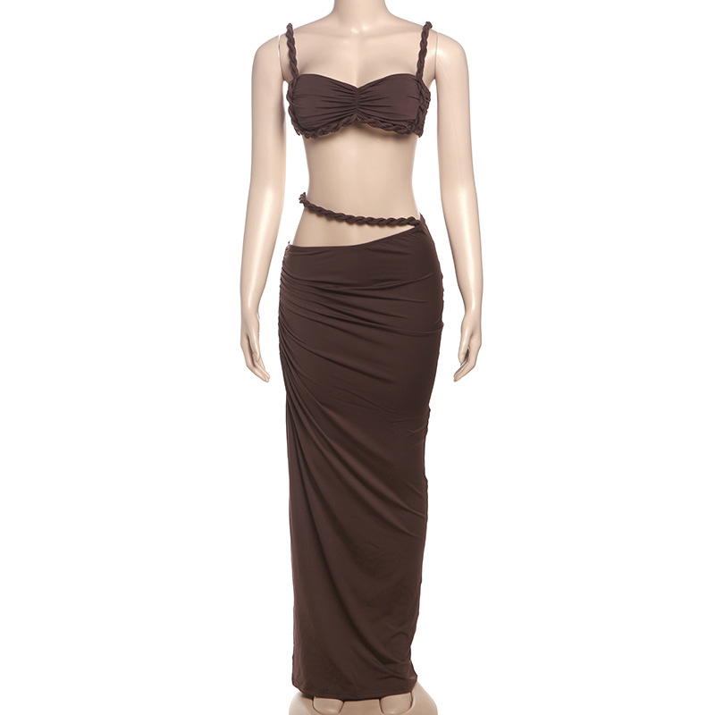 Spring New Pure Color Backless Suspender Vest & Hip Skirt Set