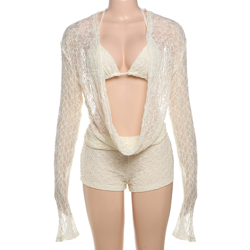 Lace Hollow Long Sleeve Halterneck 3-Piece Set – Suspenders & Slim Shorts