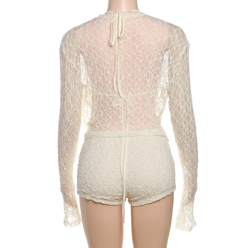 Lace Hollow Long Sleeve Halterneck 3-Piece Set – Suspenders & Slim Shorts