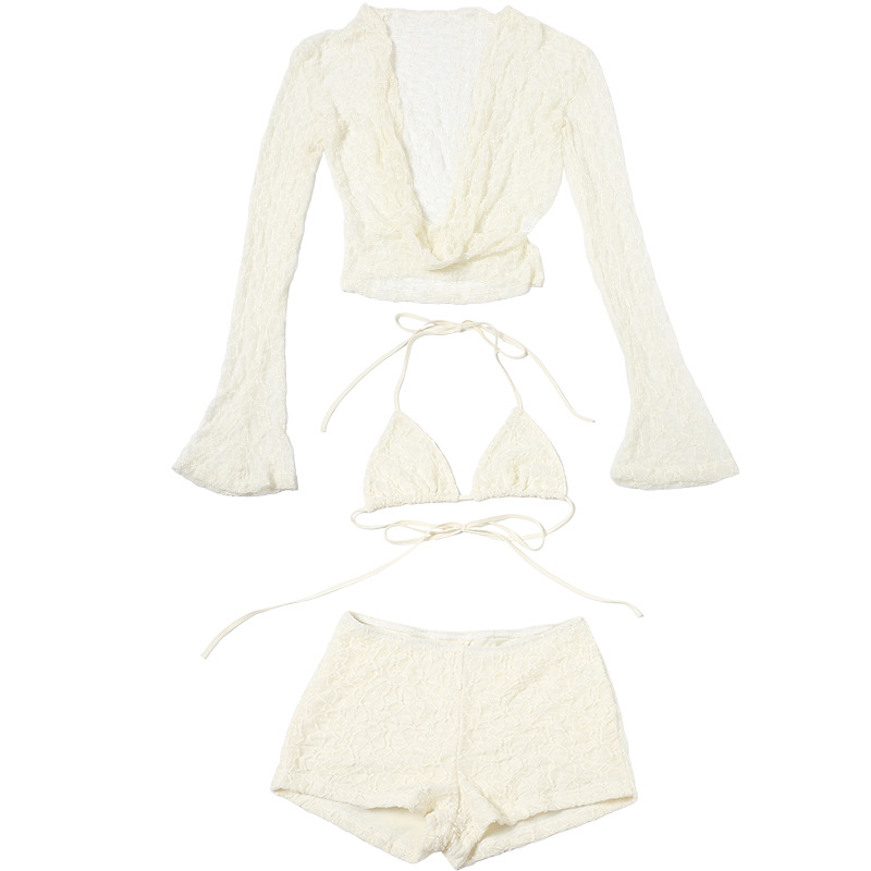 Lace Hollow Long Sleeve Halterneck 3-Piece Set – Suspenders & Slim Shorts