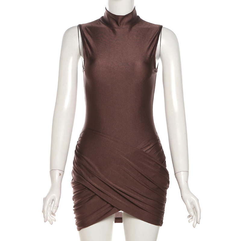 New High Collar Solid Color Pleated Dress – Slim Fit, Pure Desire Temperament