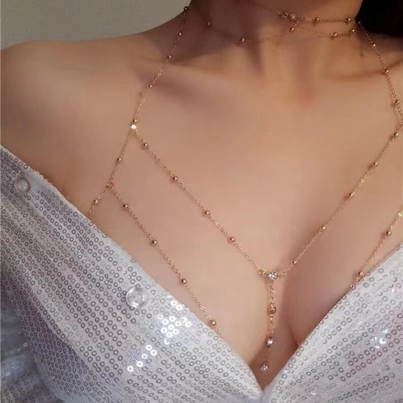 Exaggerated Tassel Body Chain – Flash Diamond Pendant, Alloy Chest Chain, Beach Casual