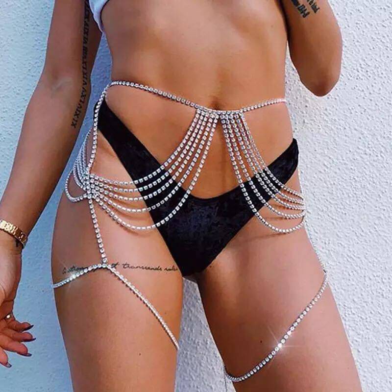 Multi Layer Rhinestone Waist Chain Tassel Leg Chain Hip Hop Nightclub Body Jewelry