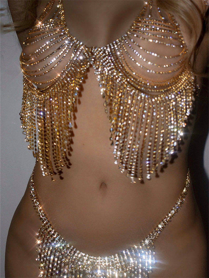 Fashion Luxury Rhinestone Body Chain Set Sexy Bikini Bra Shorts Tassel Jewelry