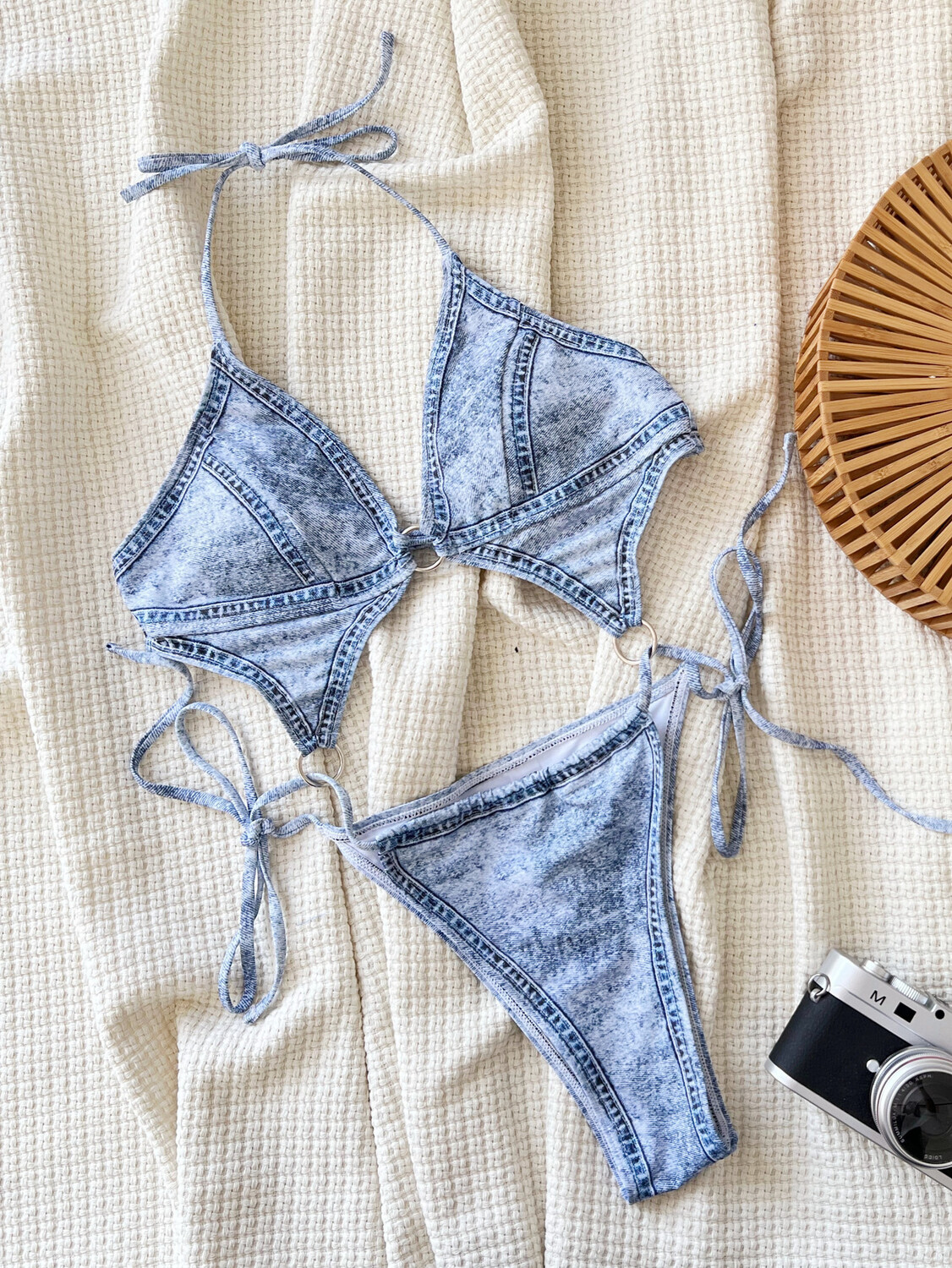 Denim Print One-Piece Bikini Swimsuit