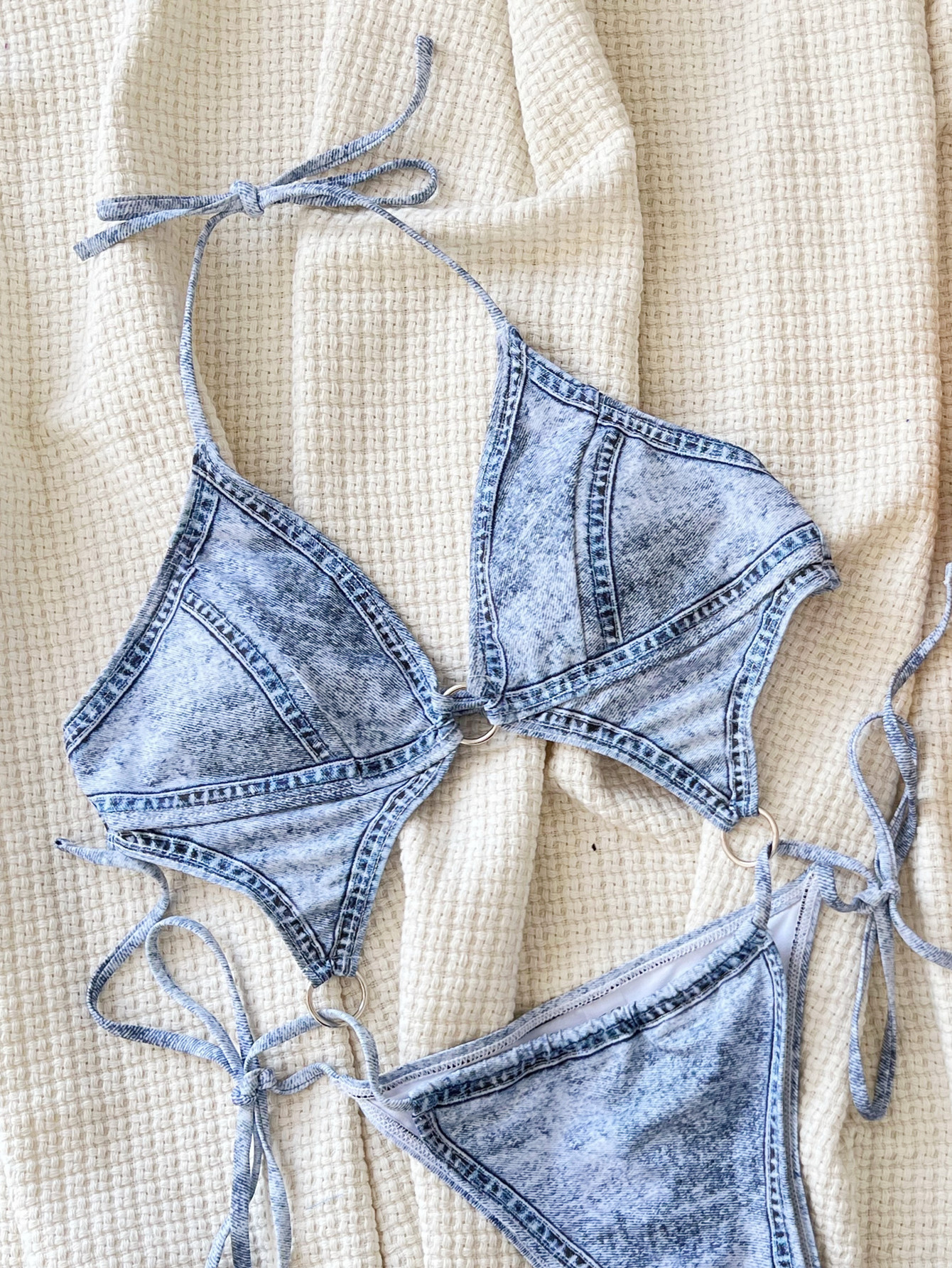 Denim Print One-Piece Bikini Swimsuit