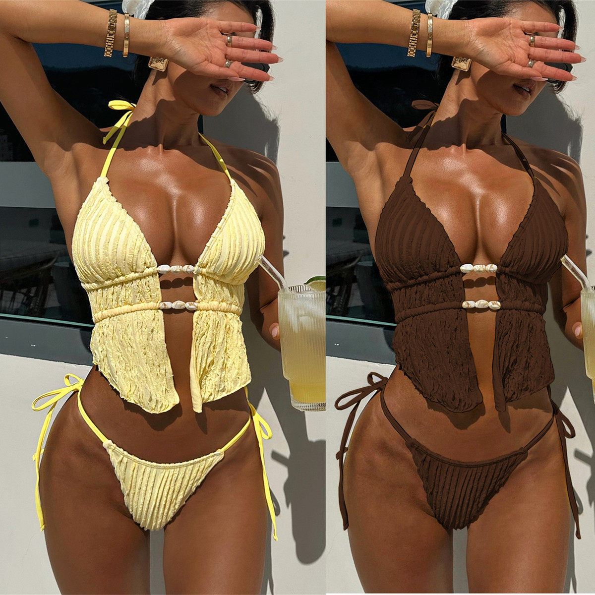 Yellow Split Bikini Swimsuit Western Style Hot Spring Seaside Vacation