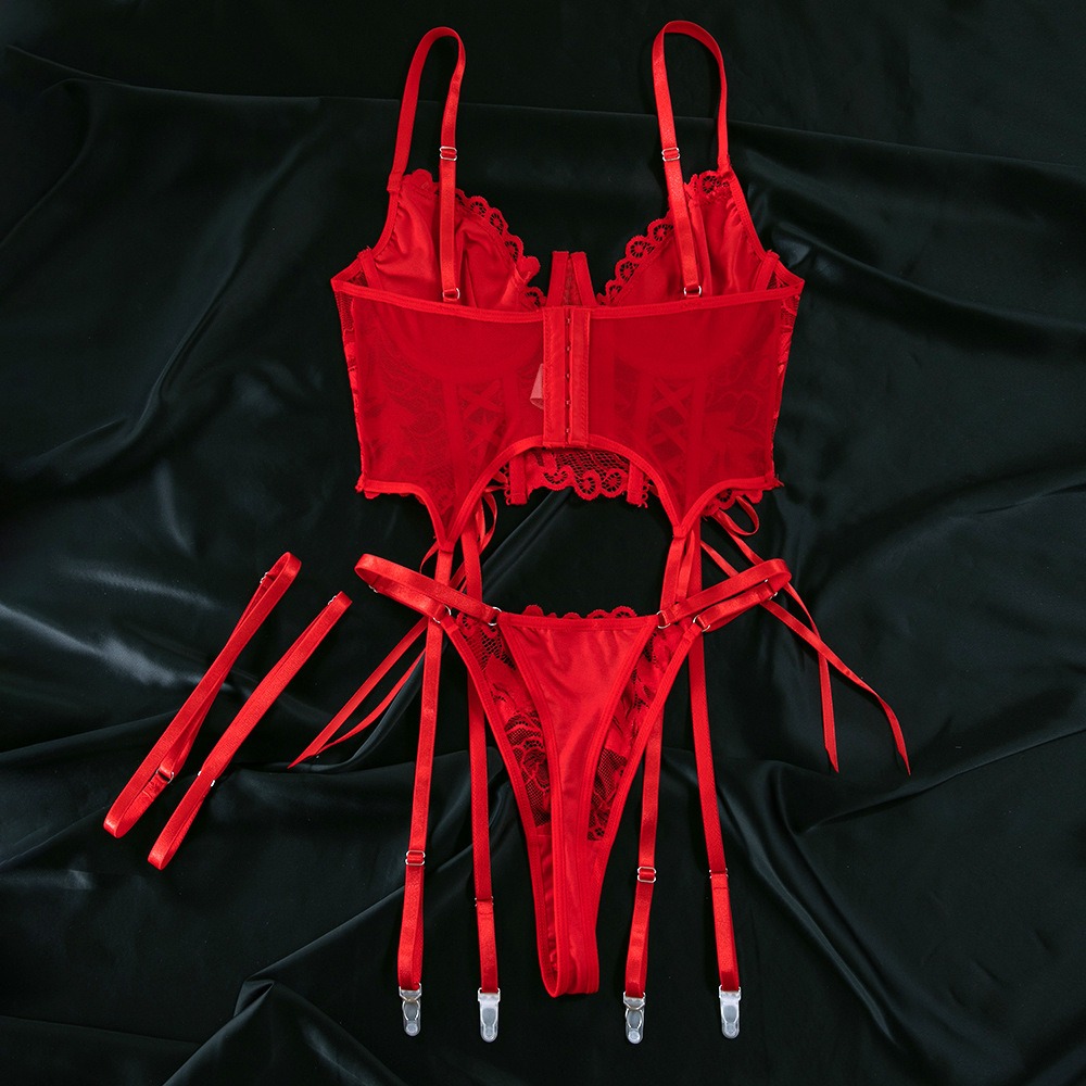 Women's Red Lace Lingerie Set — Sexy Push-Up Tie-Strap Lingerie Set
