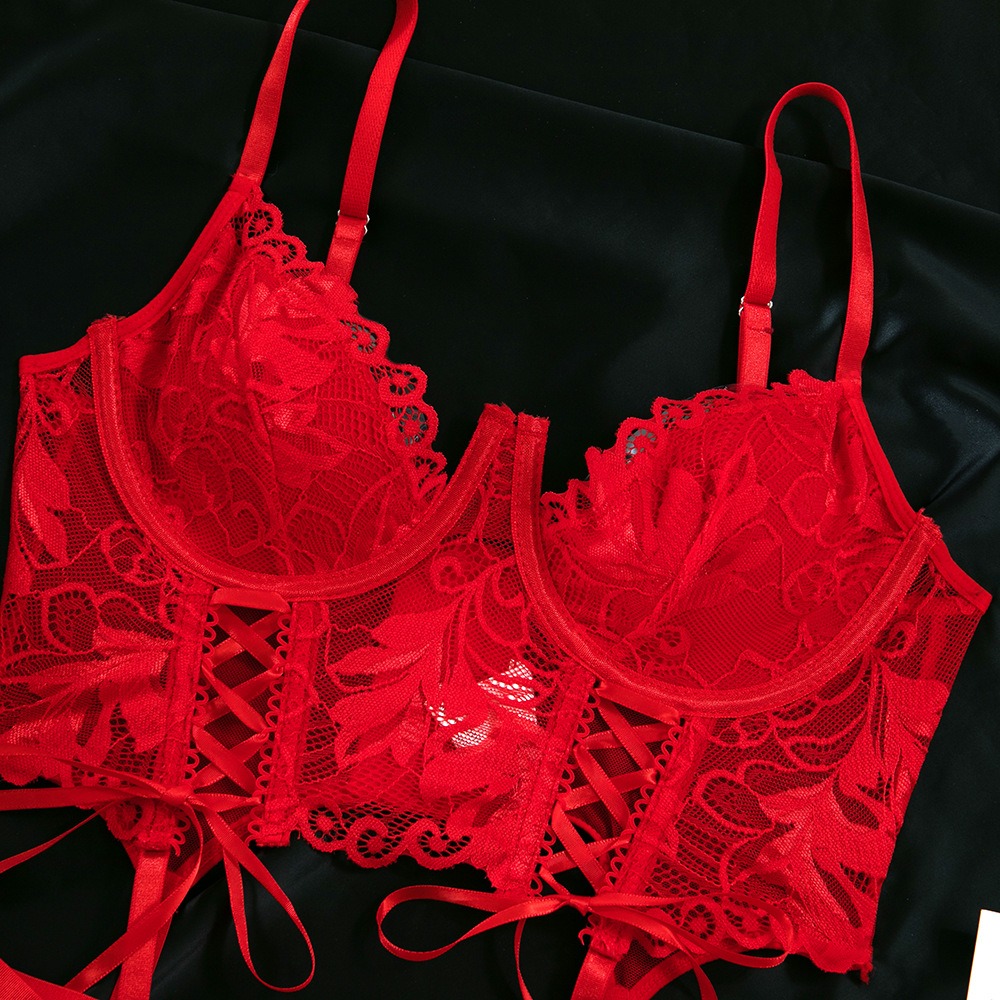Women's Red Lace Lingerie Set — Sexy Push-Up Tie-Strap Lingerie Set