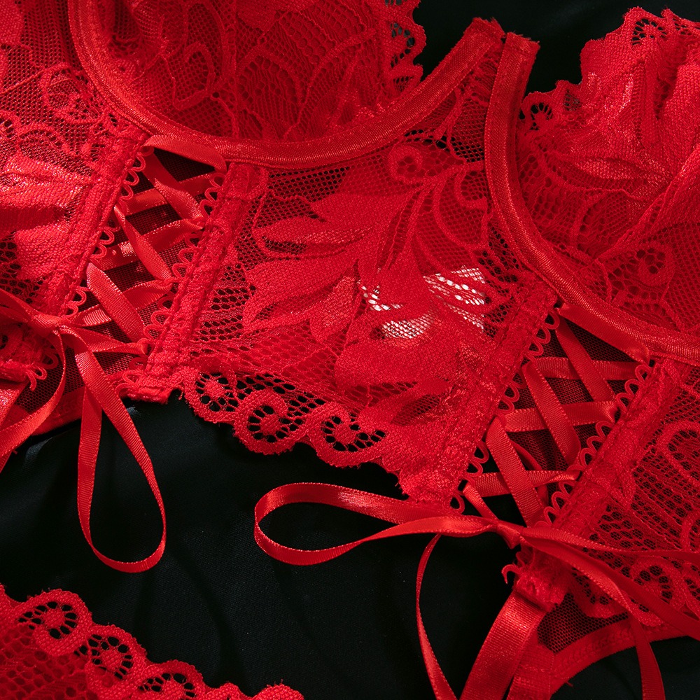 Women's Red Lace Lingerie Set — Sexy Push-Up Tie-Strap Lingerie Set