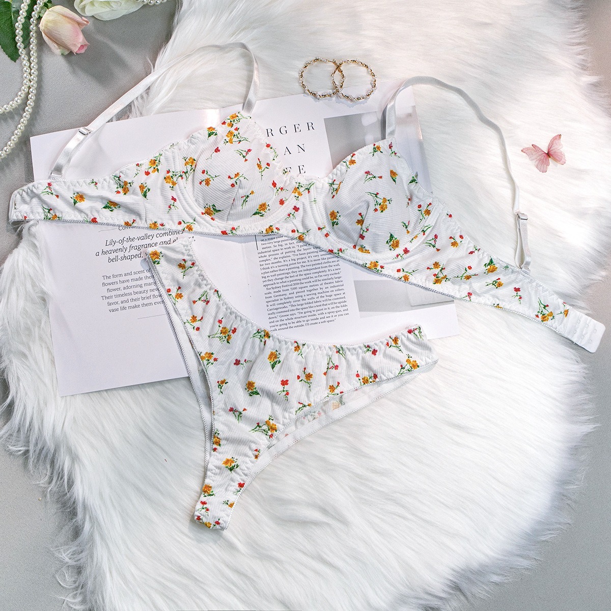 Sexy Lingerie Knitted Romantic Country-Style Two-Piece Set with Ditsy Floral Print and Underwire Support