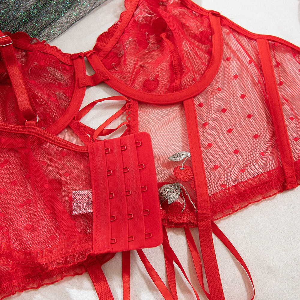 Summer Red Flower Embroidered 2-Piece Lingerie Set – Gathered, Rope Detail, High-End Light Luxury