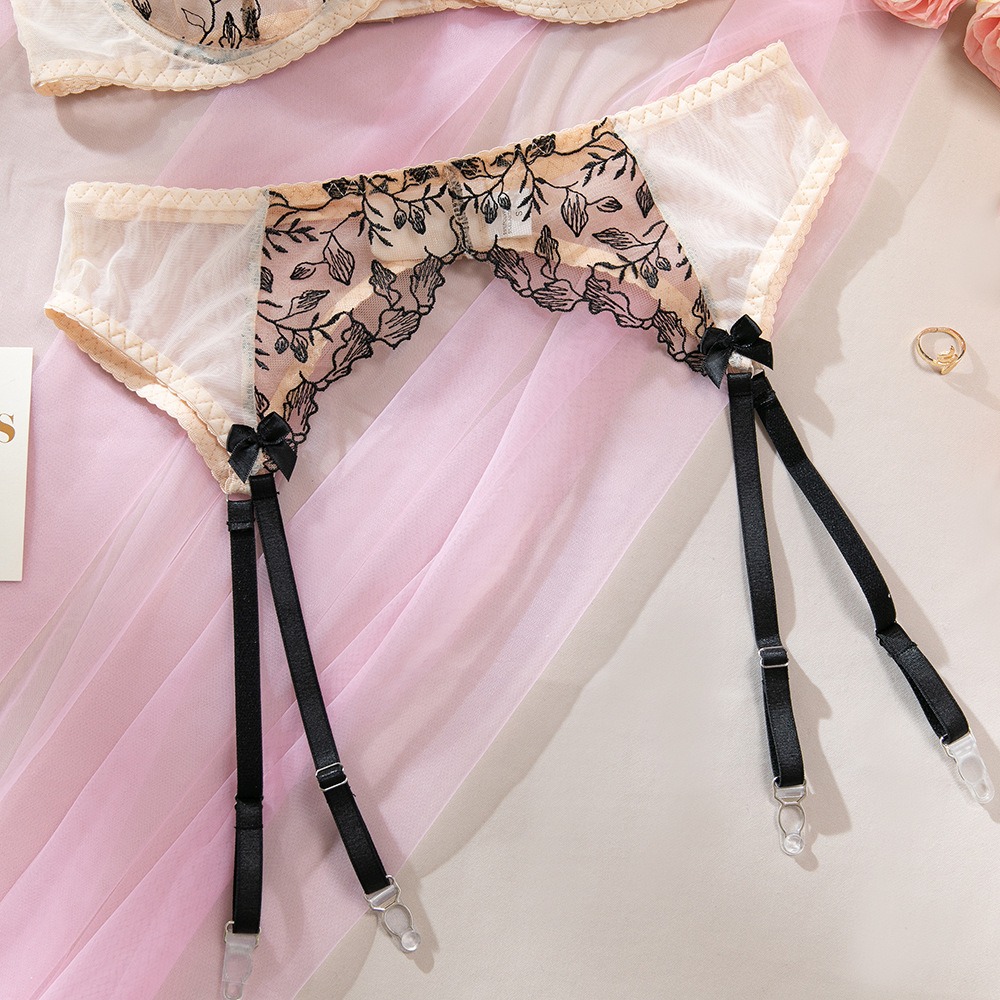 See-Through Mesh Floral Embroidered 3-Piece Lingerie Set – Bra & Garter Belt