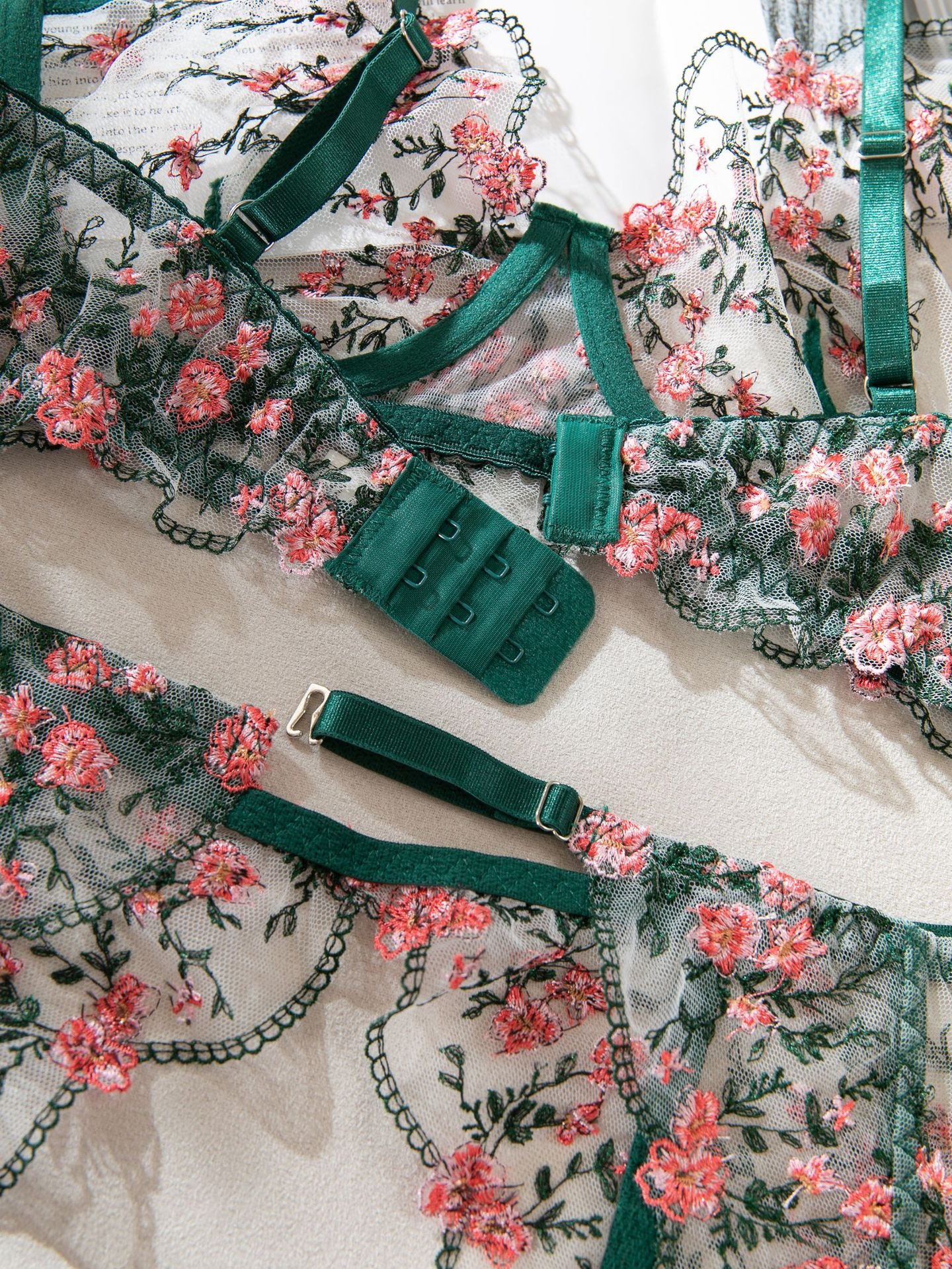 Embroidered 4-Piece Lingerie Set – Gathered, High-End See-Through, Temptation