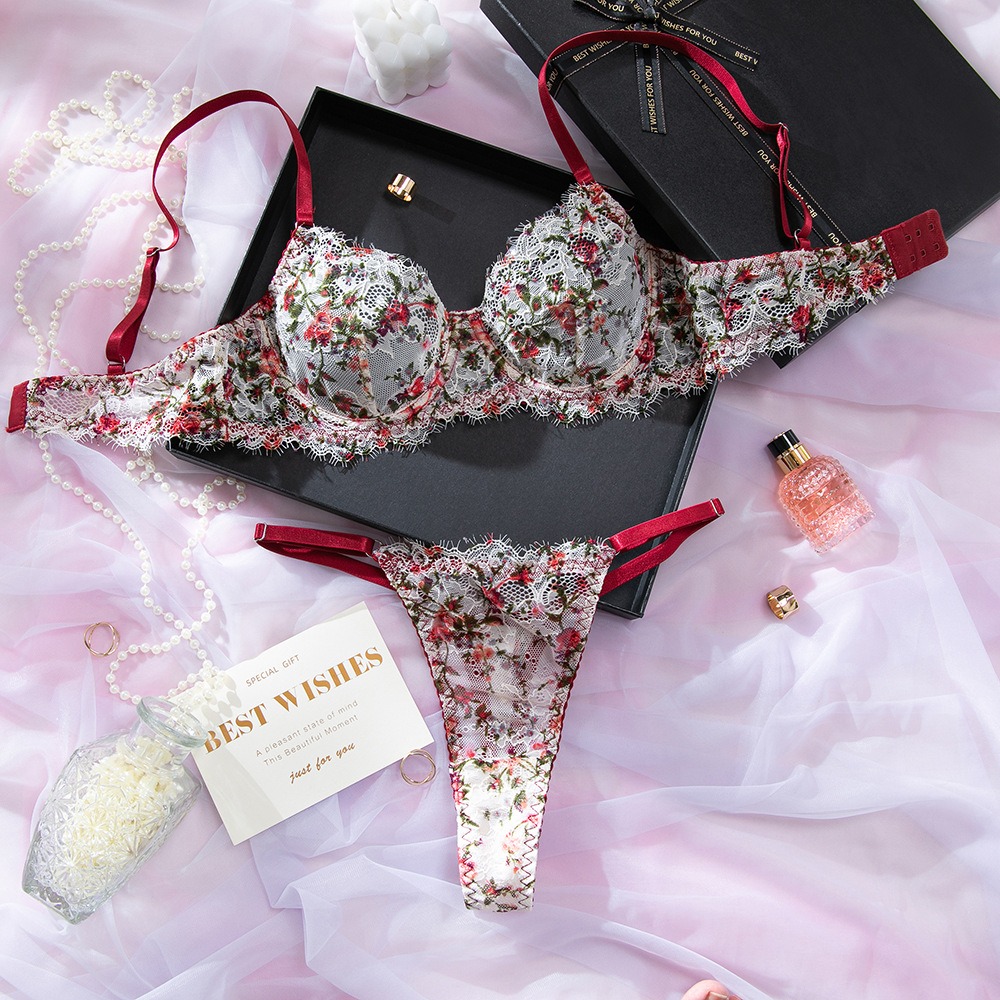 French Retro Lace Printed Push-Up Bra Set – Sexy Underwear
