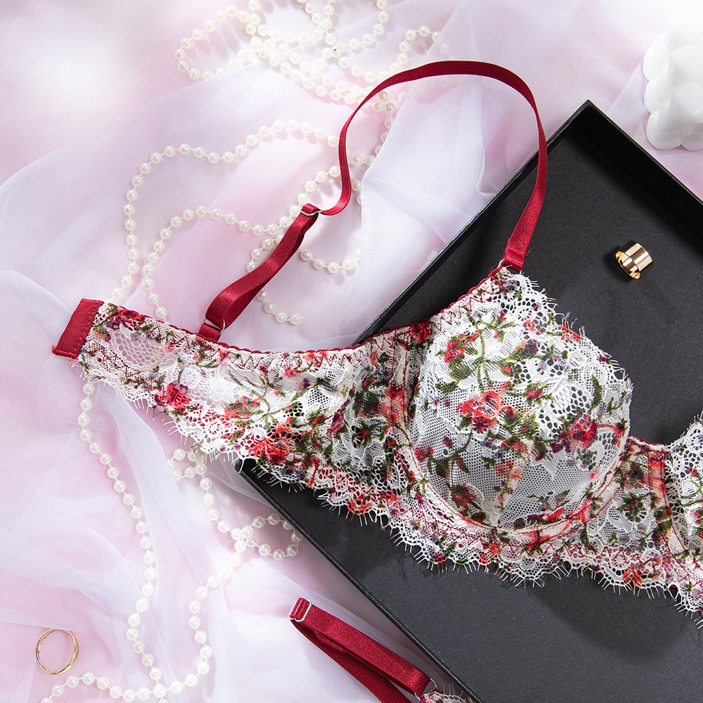 French Retro Lace Printed Push-Up Bra Set – Sexy Underwear