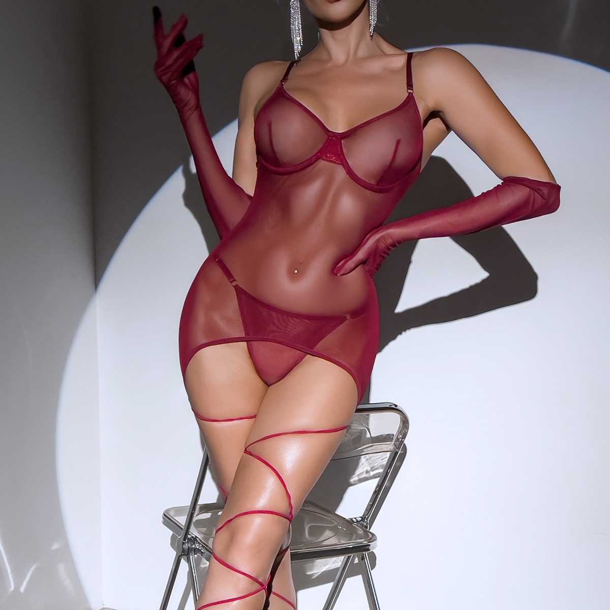 Backless See-Through Lingerie Set – Tie Ropes & Gloves, 3-Piece