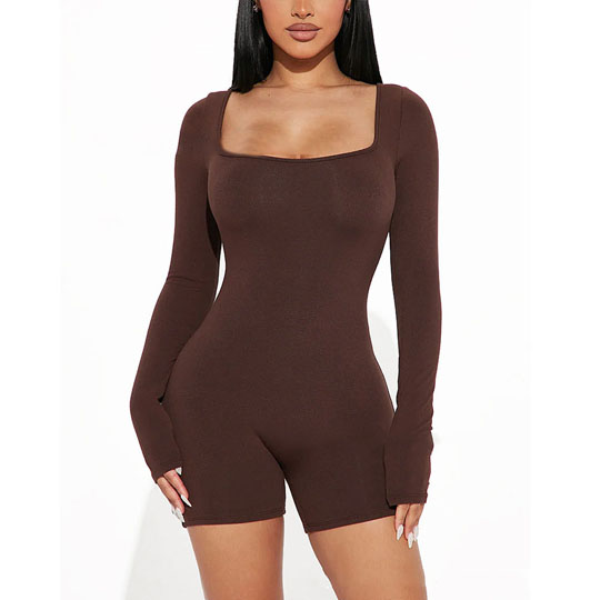 Sexy Hotties Design Irregular Low-cut Sexy Long-sleeved Temperament Tops Fashionable Solid Color Jumpsuits