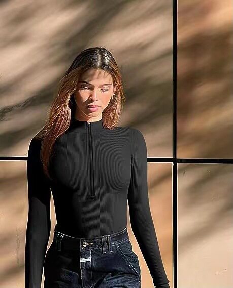 Ribbed Long Sleeve Half-Zip Shaping Bodysuit