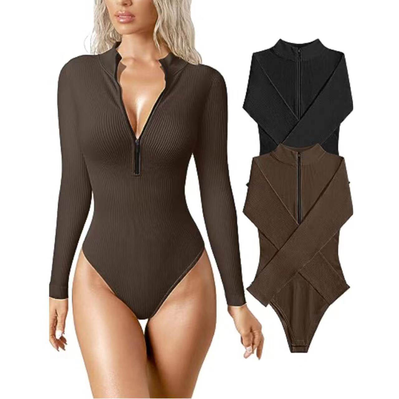 Ribbed Long Sleeve Half-Zip Shaping Bodysuit