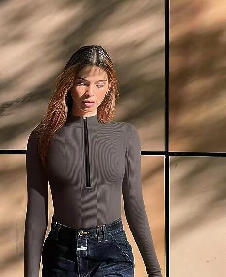 Ribbed Long Sleeve Half-Zip Shaping Bodysuit