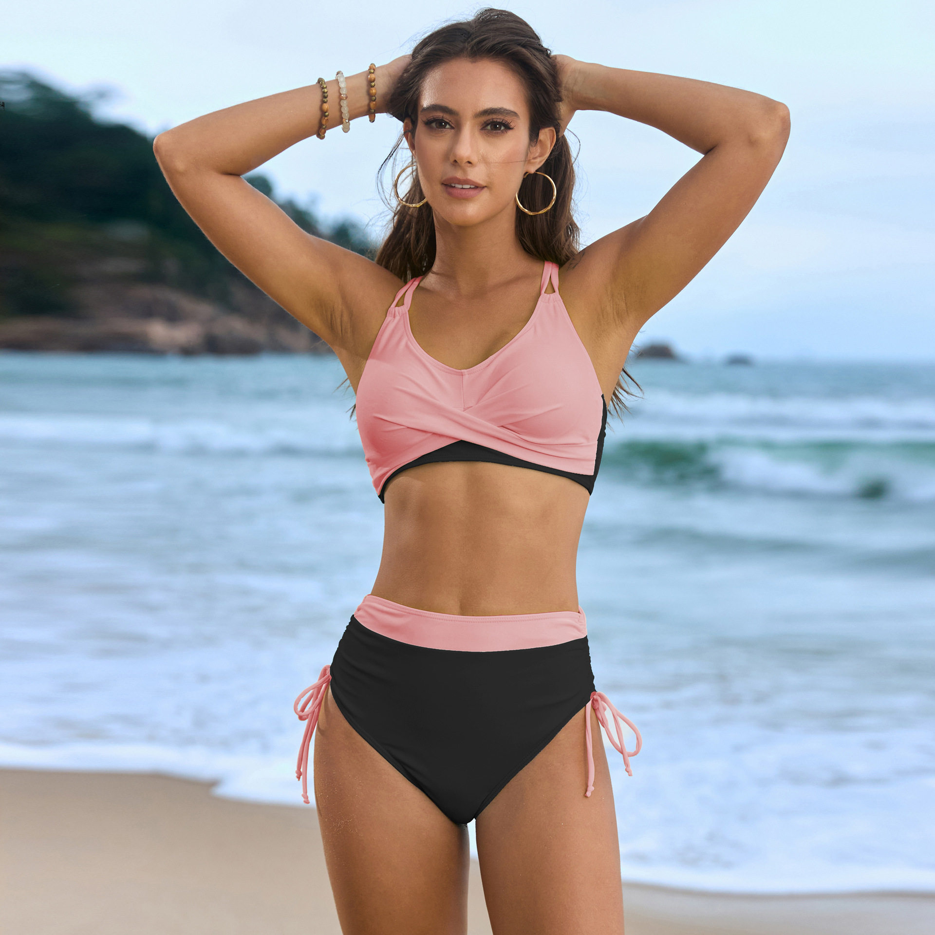 Color-Block Drawstring Cross-Back Bikini Set