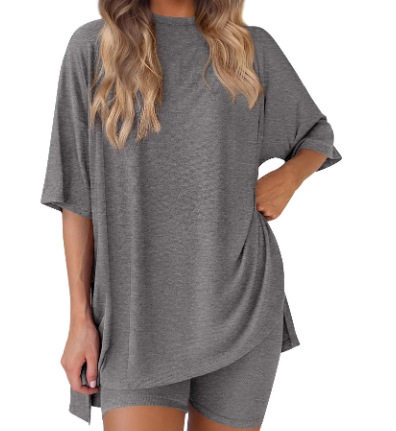 Casual Oversized 2-Piece Lounge Set with Crewneck & Split Hem