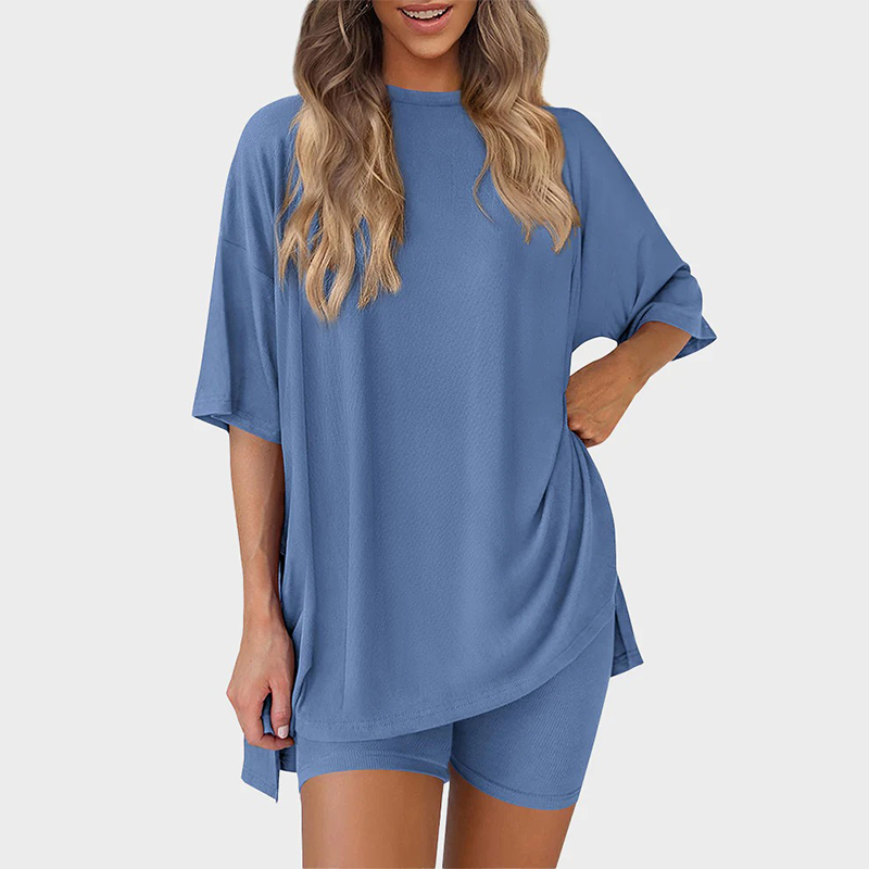 Casual Oversized 2-Piece Lounge Set with Crewneck & Split Hem