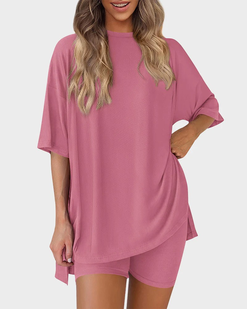Casual Oversized 2-Piece Lounge Set with Crewneck & Split Hem