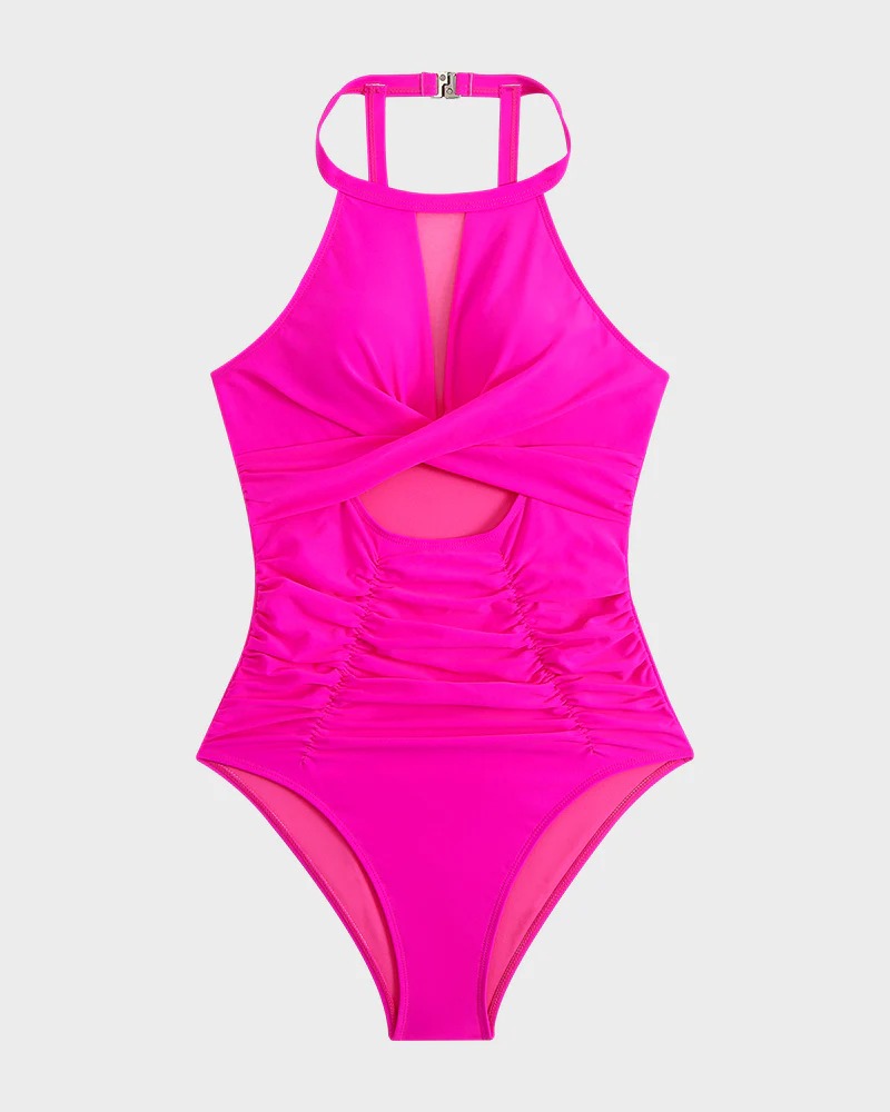 New Solid Color Mesh Spliced One Piece Twist Wrap Swimsuit