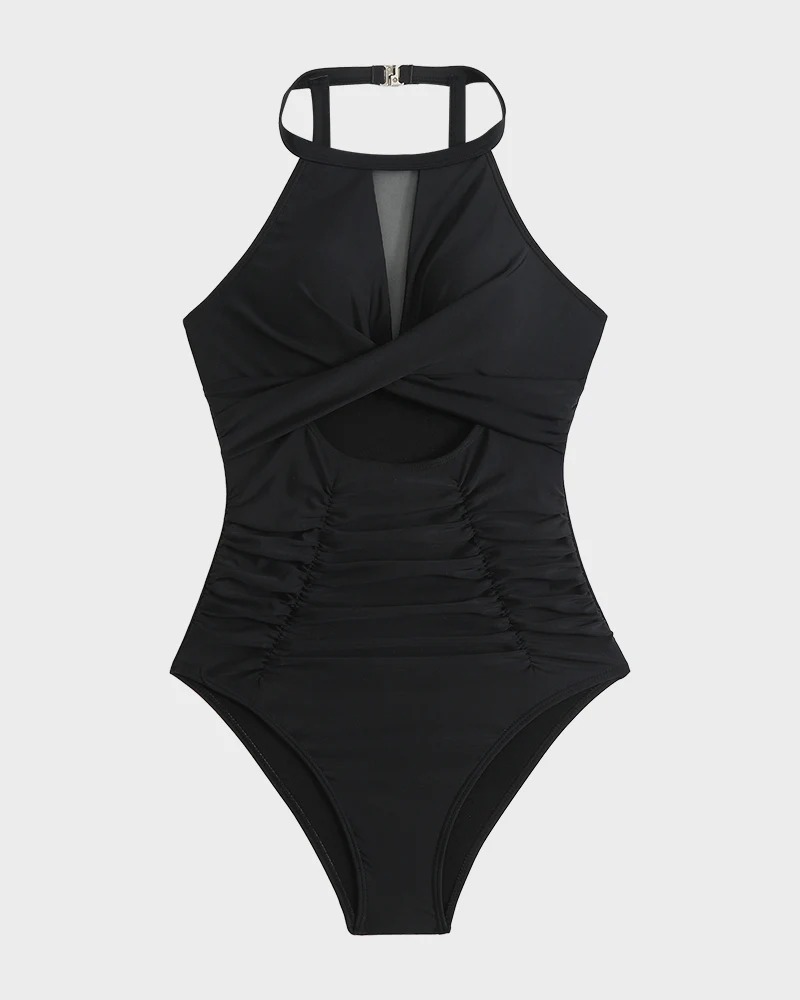 New Solid Color Mesh Spliced One Piece Twist Wrap Swimsuit