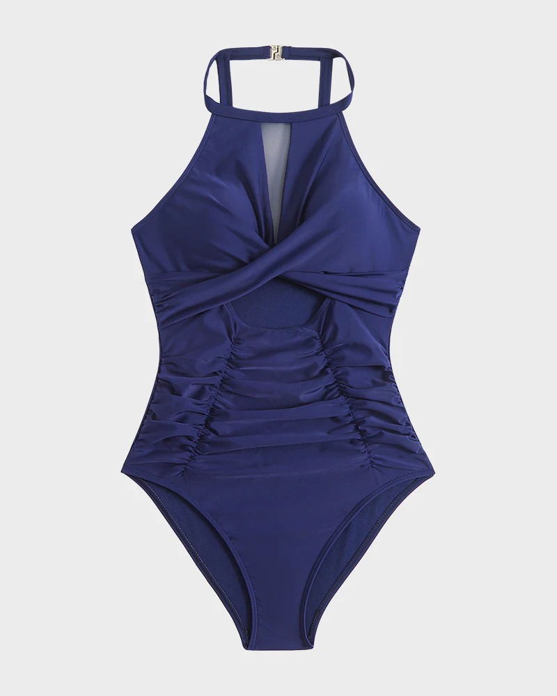 New Solid Color Mesh Spliced One Piece Twist Wrap Swimsuit