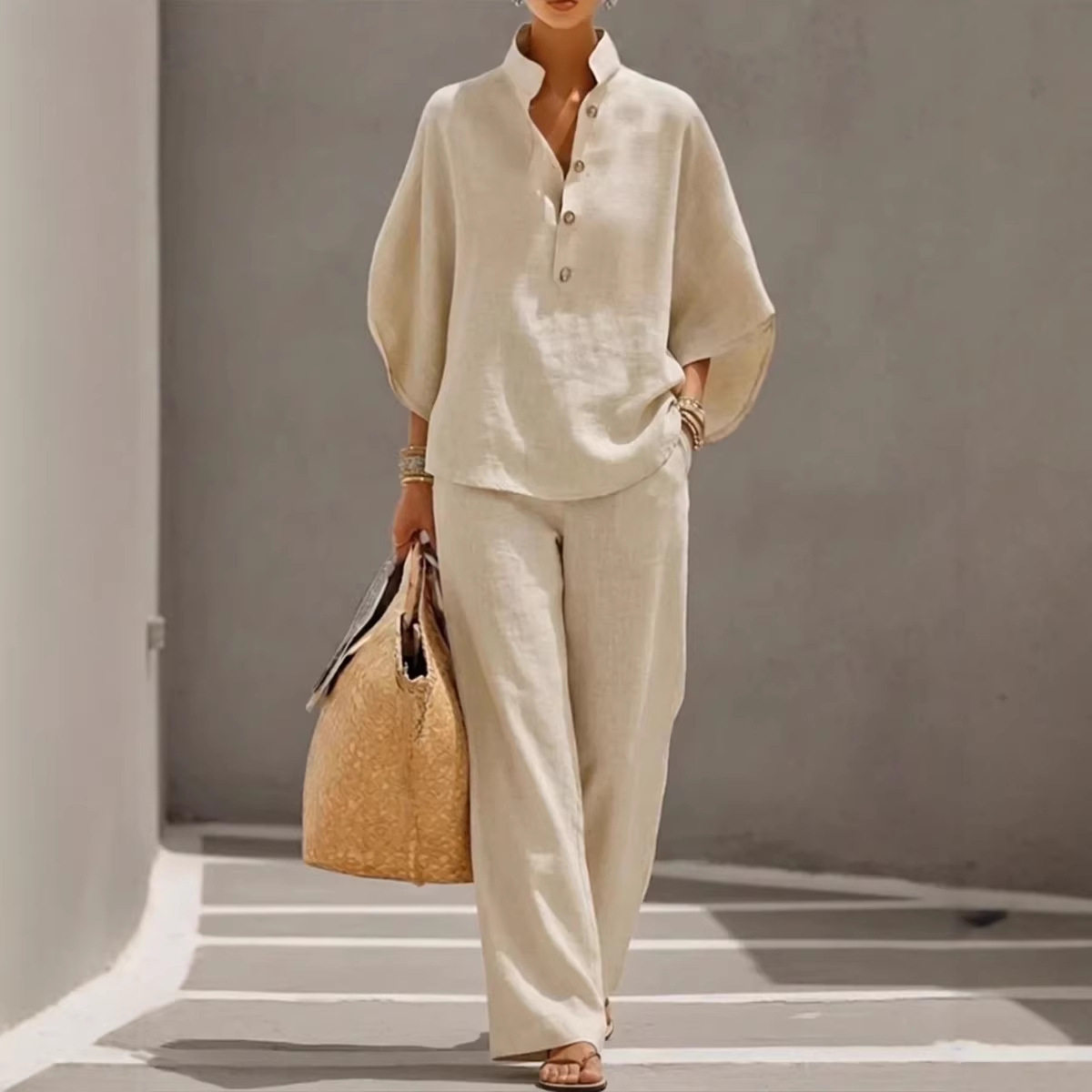 Women's Batwing Sleeve Linen Cotton Two-Piece Set
